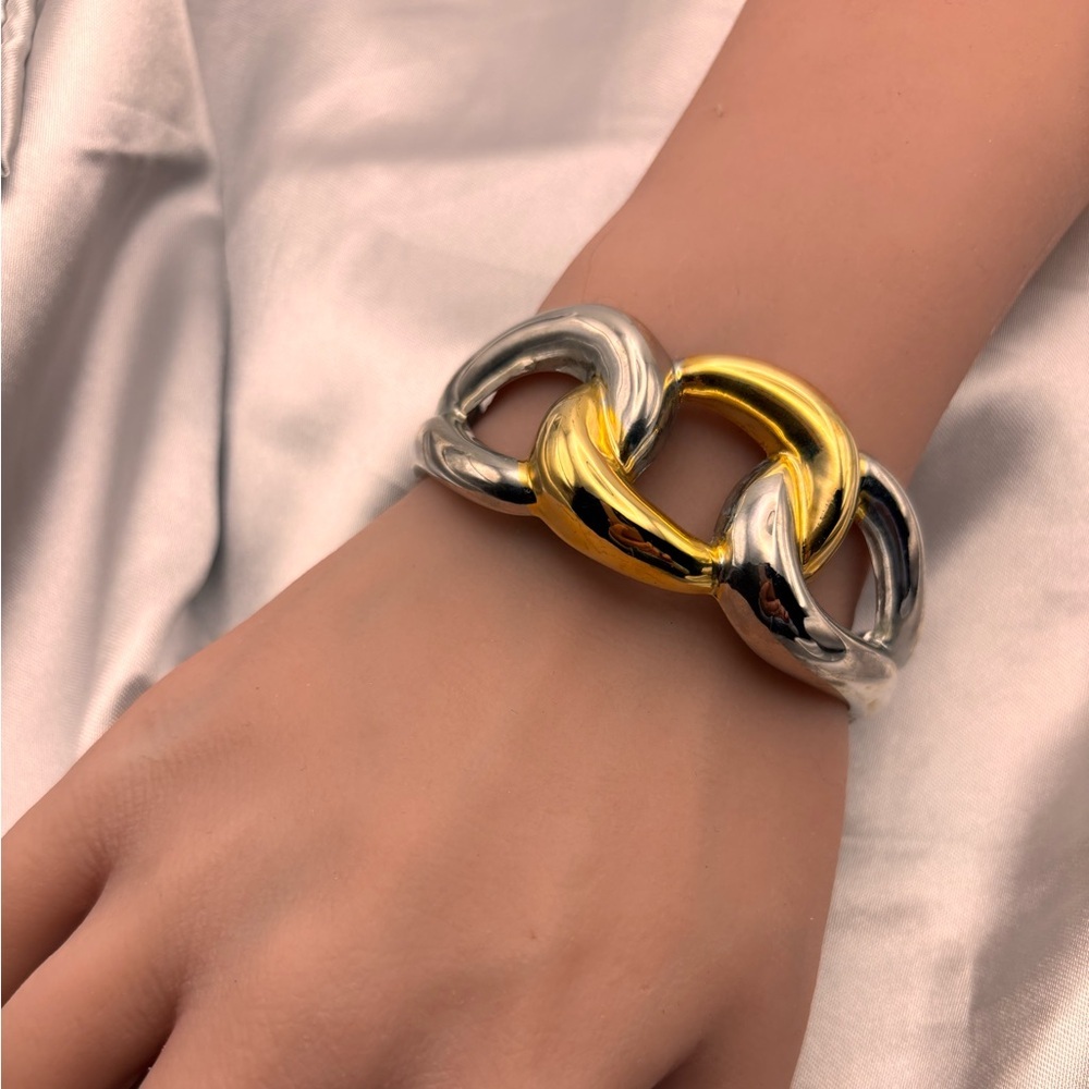 Bold Two-Tone Link Hinge Cuff Bangle Bracelet